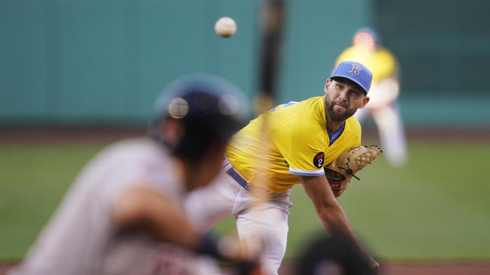 Boston Red Sox starting pitcher Michael Wacha delivers during the first inning of a baseball game against the Detroit Tigers, Wednesday, June 22, 2022, at Fenway Park in Boston. (AP Photo/Charles Krupa)