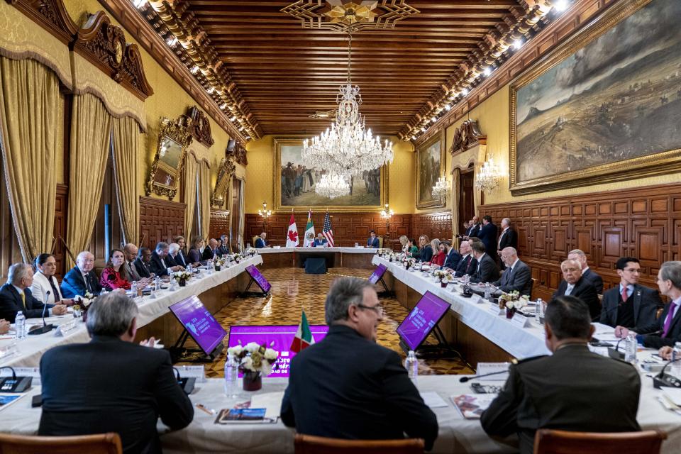 President Joe Biden, Mexican President Andres Manuel Lopez Obrador, and Canadian Prime Minister Justin Trudeau meet at the 10th North American Leaders' Summit at the National Palace in Mexico City, Tuesday, Jan. 10, 2023. (AP Photo/Andrew Harnik)