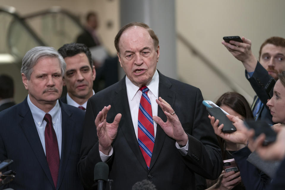 In this Feb. 6, 2019, photo, from left, Sen. John Hoeven, R-N.D., Rep. Tom Graves, R-Ga., and Sen. Richard Shelby, R-Ala., the top Republican on the bipartisan group bargainers working to craft a border security compromise in hope of avoiding another government shutdown, speak with reporters on Capitol Hill in Washington. When you want results in a polarized Washington, sometimes it pays to simply leave the professionals alone to do their jobs. (AP Photo/J. Scott Applewhite)