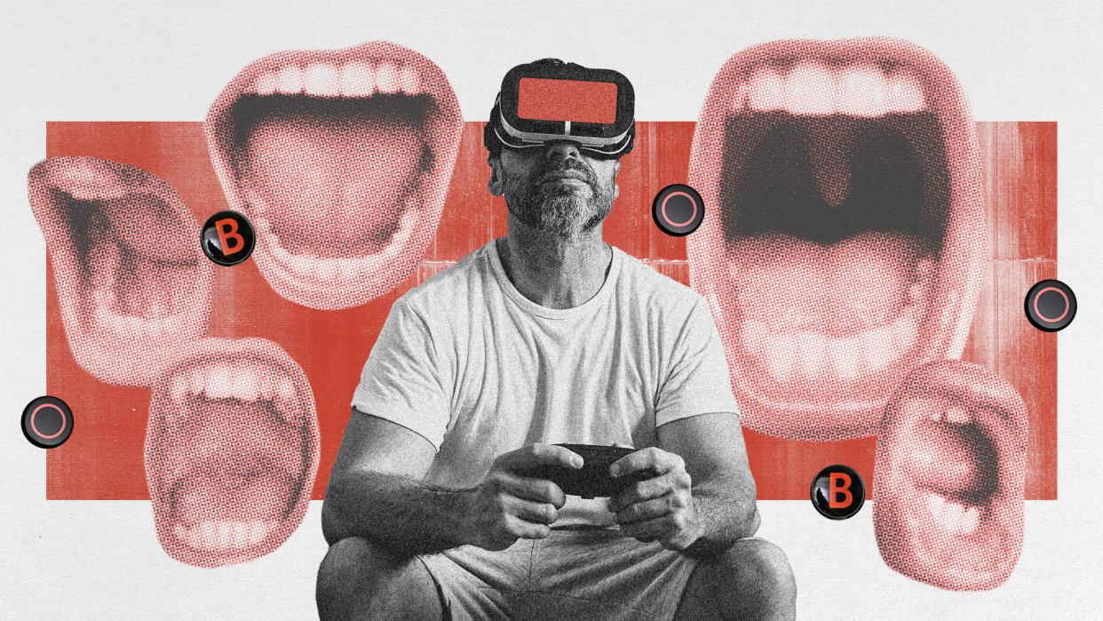  Photo collage of a man with a VR set and a gaming controller. In the background, there is an assortment of angry men's mouths open and screaming, as well as a scattering of Xbox and Playstation controller buttons. 