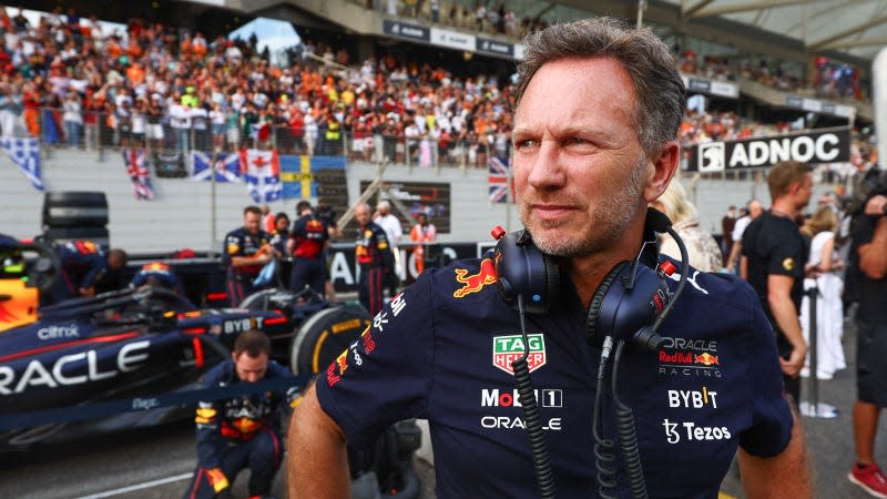 A photo of Christian Horner wearing Red Bull gear. 