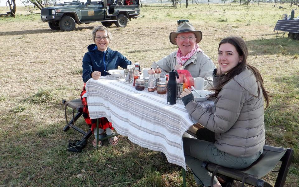 John Gimlette and his family in the Maasai Mara, Kenya 