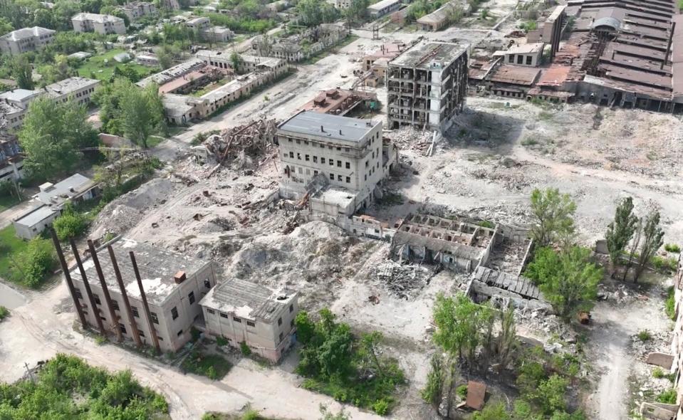 This photo taken from a drone video provided by Ukraine Patrol Police, shows devastation in Chasiv Yar, an eastern Ukrainian city Russia is assaulting (AP)
