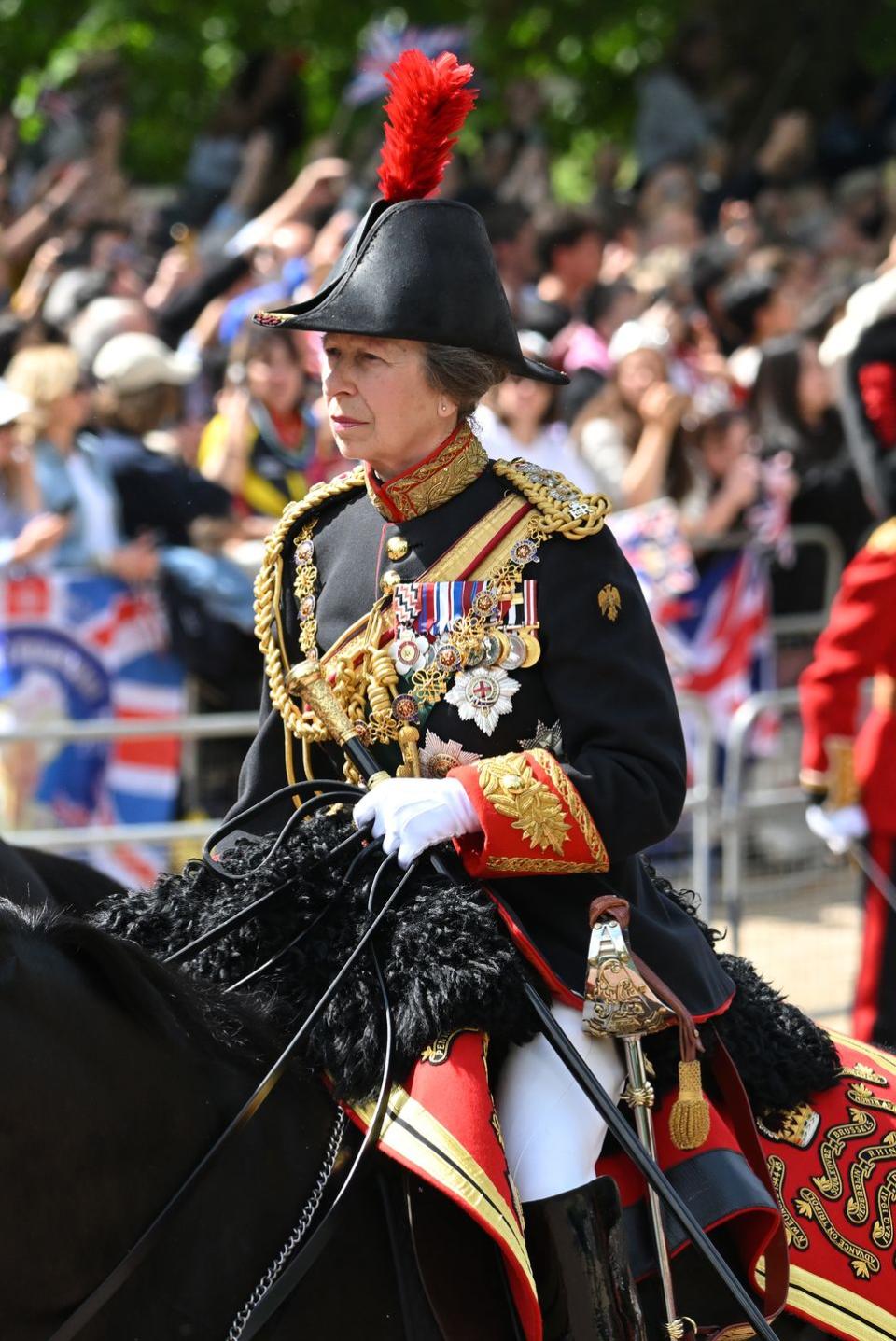 <p>While most of the royal family arrived in carriages for <a href="https://www.townandcountrymag.com/society/tradition/g40173228/trooping-the-colour-2022-photos/" rel="nofollow noopener" target="_blank" data-ylk="slk:Trooping the Colour;elm:context_link;itc:0;sec:content-canvas" class="link ">Trooping the Colour</a>, horse-loving Anne <a href="https://www.townandcountrymag.com/society/tradition/a27790973/princess-anne-horse-trooping-the-colour-2019/" rel="nofollow noopener" target="_blank" data-ylk="slk:rode in on horseback;elm:context_link;itc:0;sec:content-canvas" class="link ">rode in on horseback</a>, due to her status as a royal colonel of the Household Division.</p>