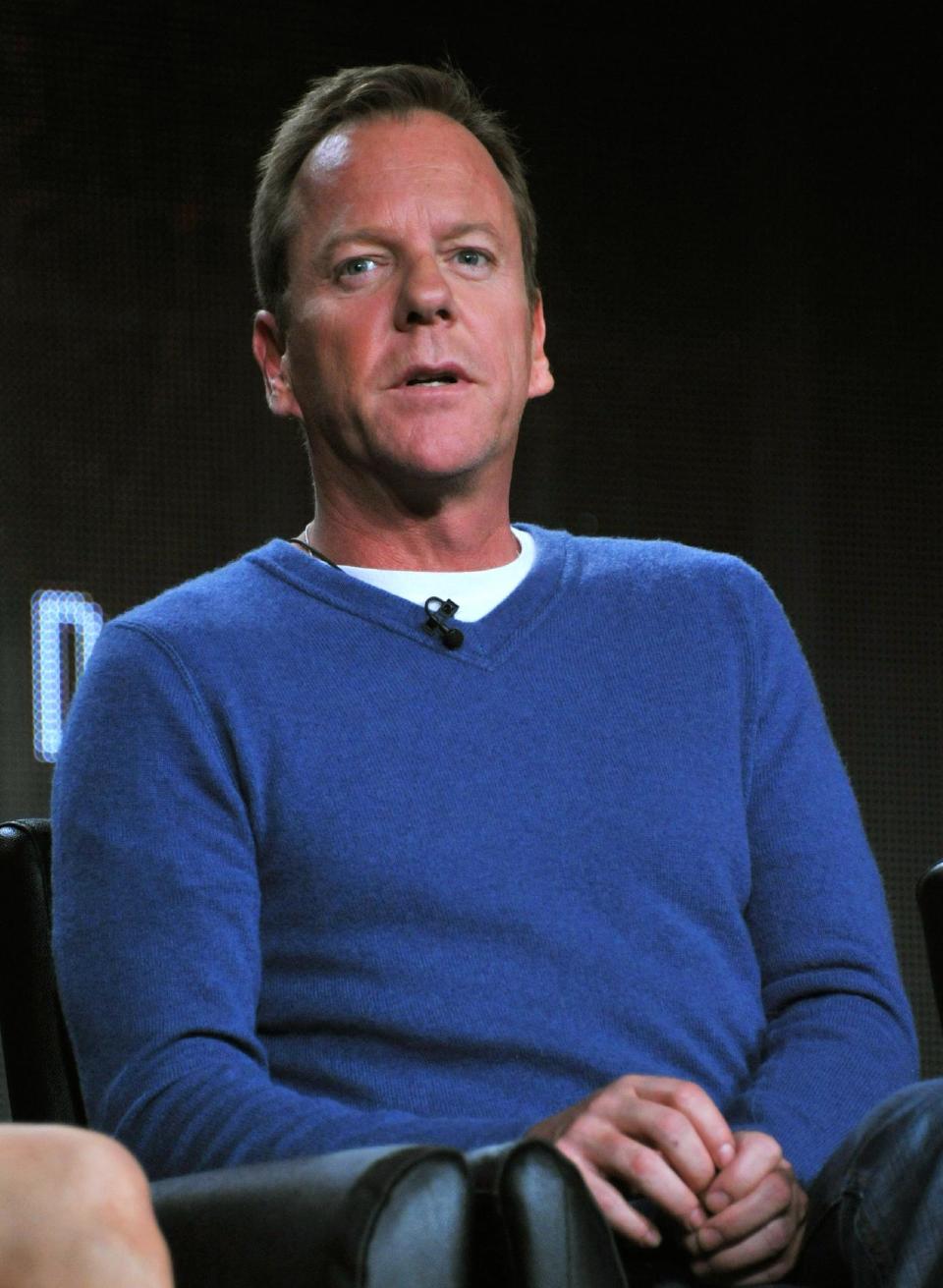 Kiefer Sutherland speaks during the panel for "24: Live Another Day" at the FOX Winter 2014 TCA, on Monday, Jan. 13, 2014, at the Langham Hotel in Pasadena, Calif. (Photo by Richard Shotwell/Invision/AP)
