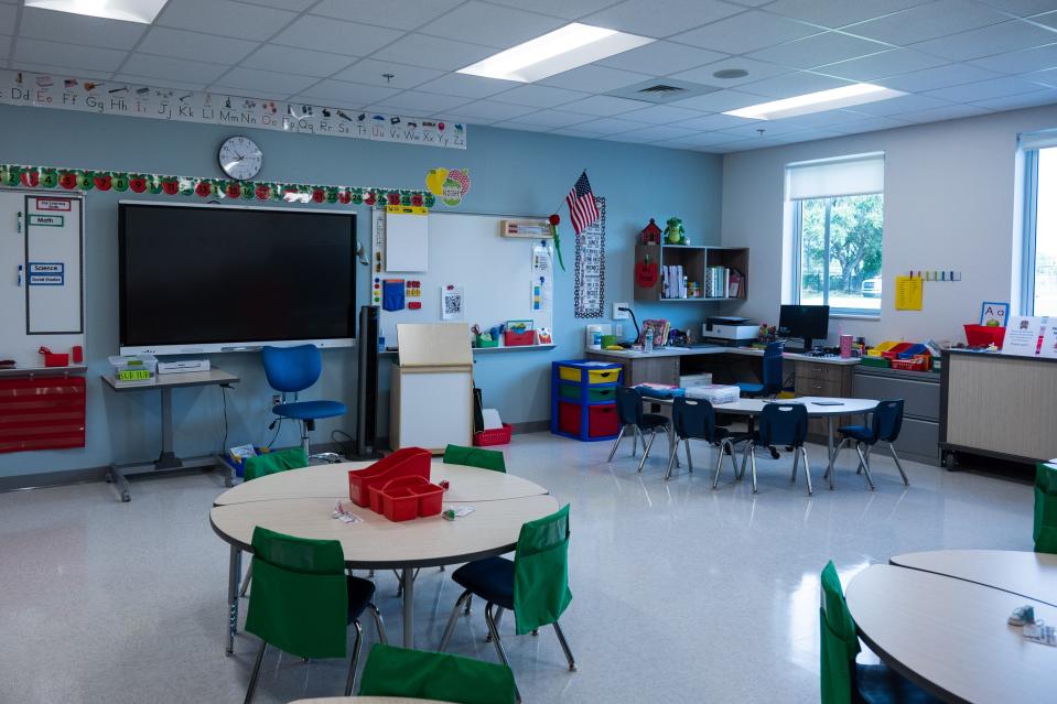 A first grade Blue Lake Elementary School classroom where, in the background, is one of the school's classroom touch displays.