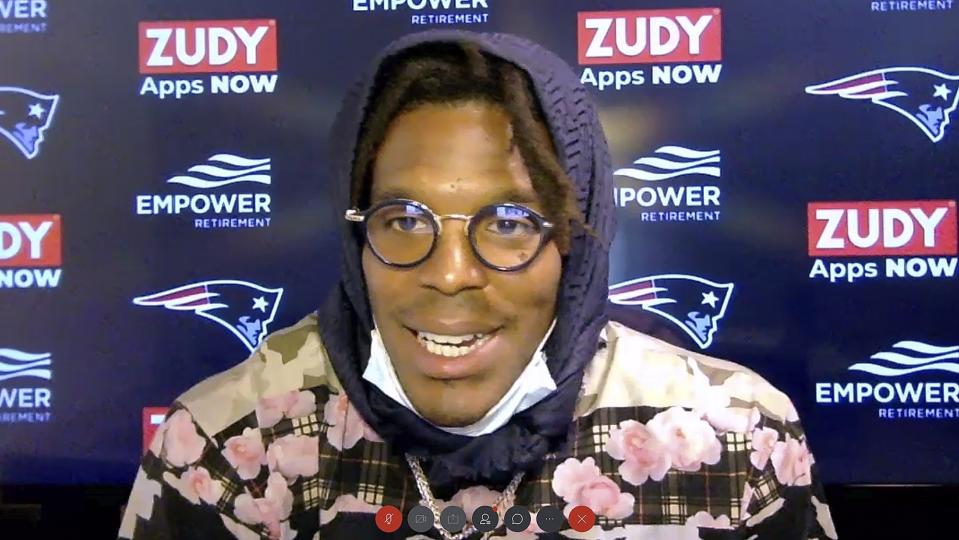 In this still image from a Webex media availability hosted by the New England Patriots, quarterback Cam Newton responds to a question, Friday, Aug. 7, 2020, in Foxborough, Mass. (New England Patriots via AP)