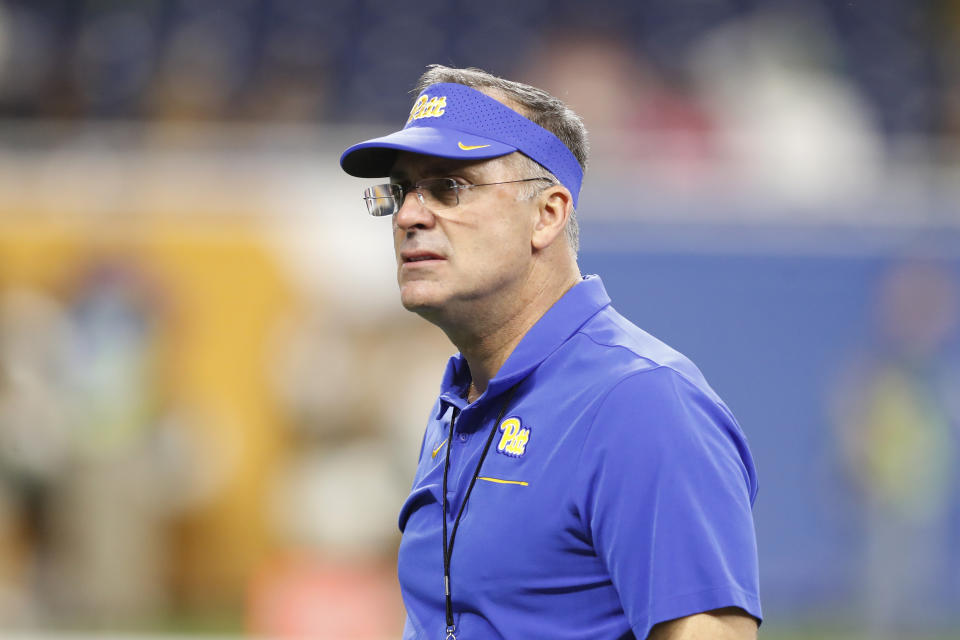 Pittsburgh head coach Pat Narduzzi is seen during the first half of the Quick Lane Bowl NCAA college football game against Eastern Michigan, Thursday, Dec. 26, 2019, in Detroit. (AP Photo/Carlos Osorio)