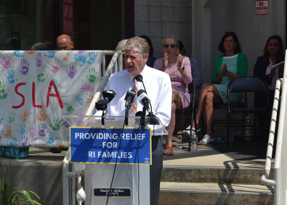 R.I. Gov. Dan McKee discusses the child tax rebate included in the state's FY23 budget Florence Gray Center in Newport.