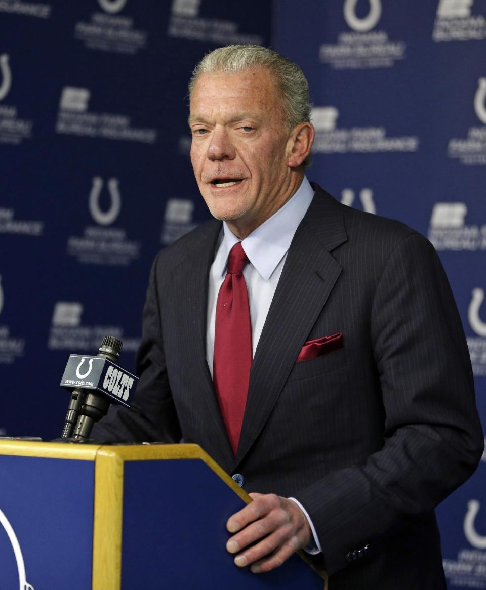 Indianapolis Colts owner and CEO Jim Irsay announces that he has relieved general manager Ryan Grigson of his duties with the team during a press conference at the NFL team's facility in Indianapolis, Saturday, Jan. 21, 2017. (AP Photo/Michael Conroy)
