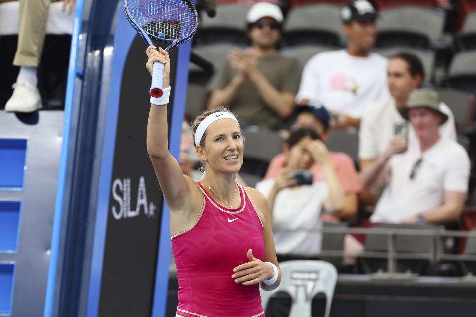 Victoria Azarenka of Belarus reacts after winning her match against Clara Burel of France, during the Brisbane International tennis tournament in Brisbane, Australia, Thursday, Jan. 4, 2024. (AP Photo/Tertius Pickard)