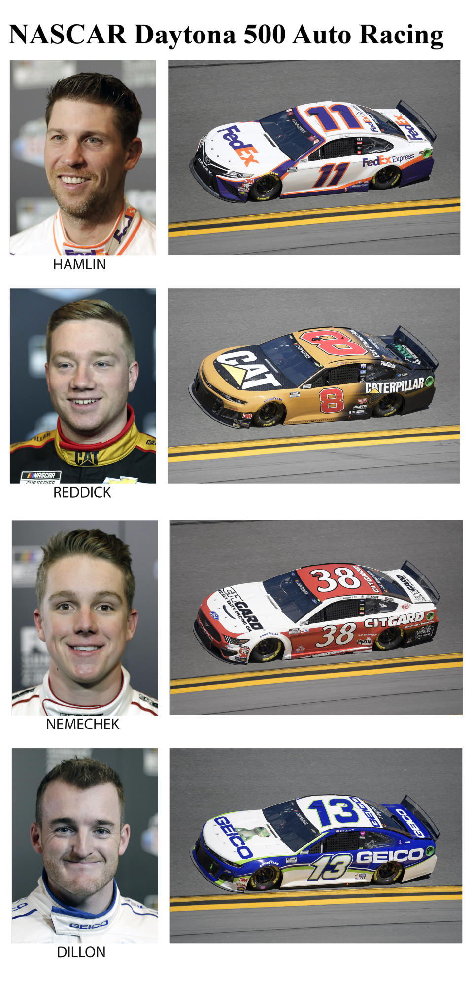 These photos taken in February 2020 show drivers in the starting lineup for Sunday's NASCAR Daytona 500 auto race in Daytona Beach, Fla. From top are Denny Hamlin, 21st position; Tyler Reddick, 22nd position; John Nemechek, 23rd position and Ty Dillon, 24th position. (AP Photo)