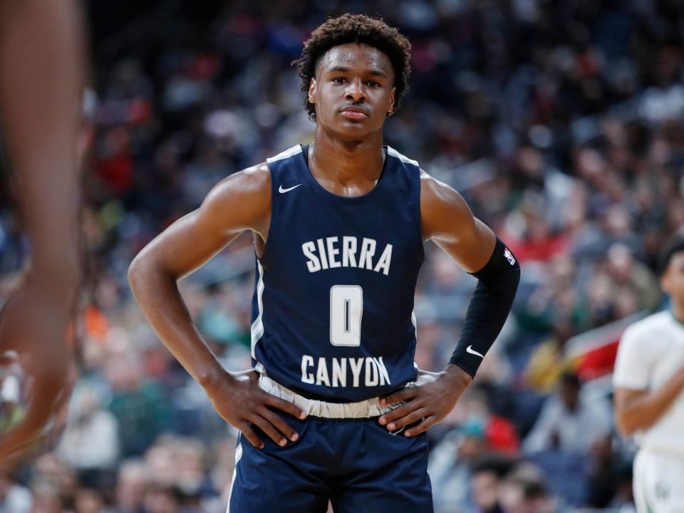 LeBron 'Bronny' James Jr. #0 of Sierra Canyon High School looks on during the Ohio Scholastic Play-By-Play Classic against St. Vincent-St. Mary High School at Nationwide Arena on December 14, 2019