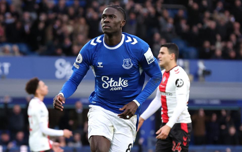 Amadou Onana of Everton celebrates after scoring the team's first goal during the Premier League match between Everton and Southampton - Sean Dyche offers Everton fans something they have been sorely lacking - Getty Images/Alex Livesey