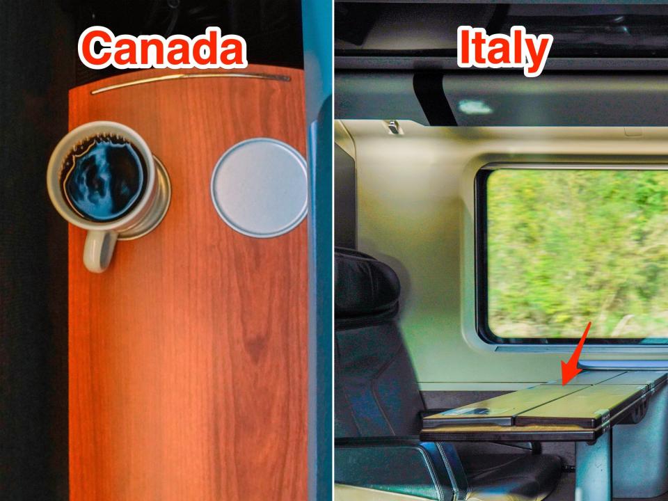 Tables in business-class train cars in Canada (L) and Europe (R).