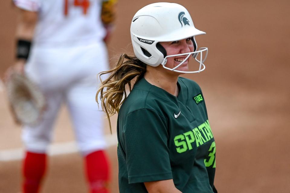 Michigan State's Alexis Barroso smiles after getting a walk against Maryland during the first inning on Wednesday, May 11, 2022, at Secchia Stadium in East Lansing.