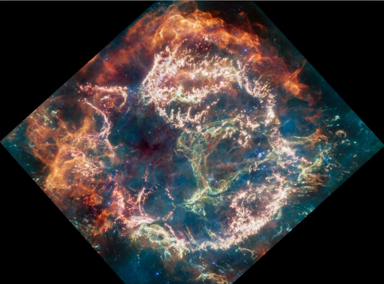  Cassiopeia A (Cas A) is a supernova remnant located about 11,000 light-years from Earth in the constellation Cassiopeia. It spans approximately 10 light-years. This new image uses data from the James Webb Space Telescope's Mid-Infrared Instrument (MIRI) to reveal Cas A in a new light. 