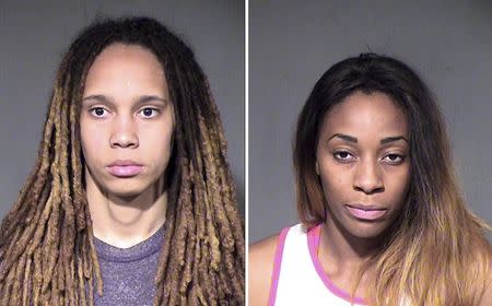 Women's National Basketball Association (WNBA) players Brittney Griner (L) of the Phoenix Mercury and her fiancee Glory Johnson of the Tulsa Shock, are shown in this combo of police booking photos provided April 23, 2015. REUTERS/Maricopa County Sheriff's Office/Handout via Reuters