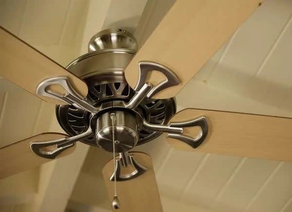 Ceiling fan with wood blades and brass trim.