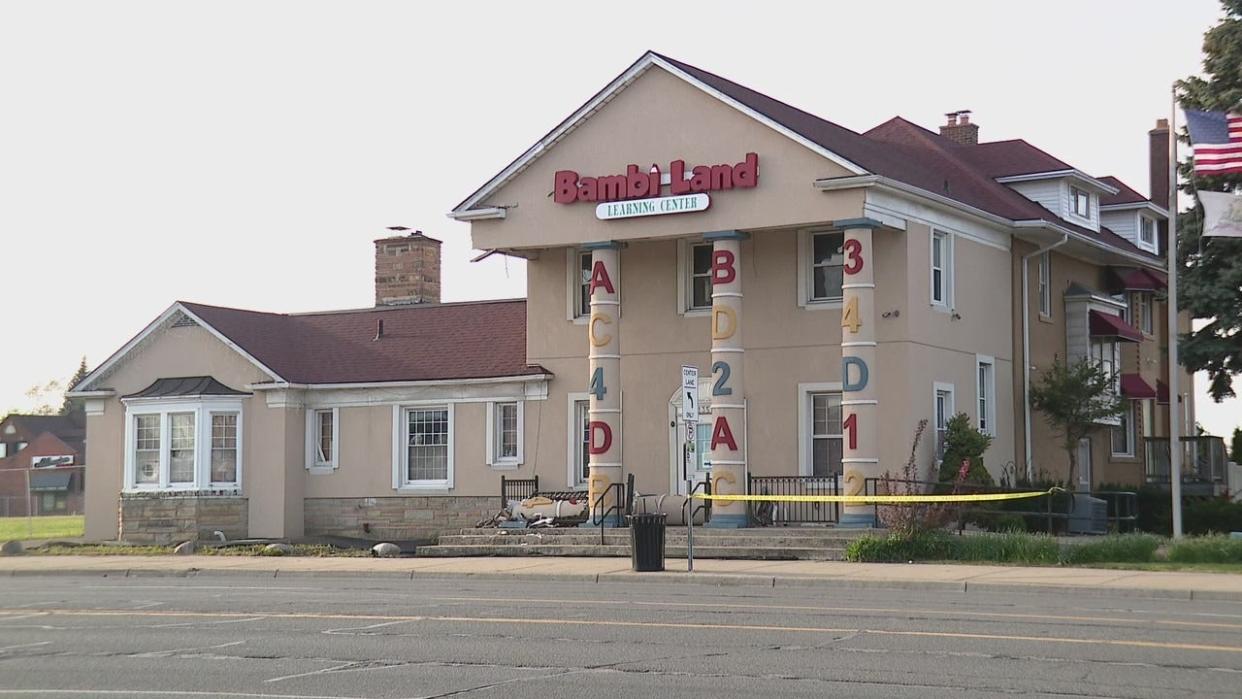 <div>A school bus destroyed one of the pillars outside a Dearborn daycare on Monday, April 22, 2024.</div>