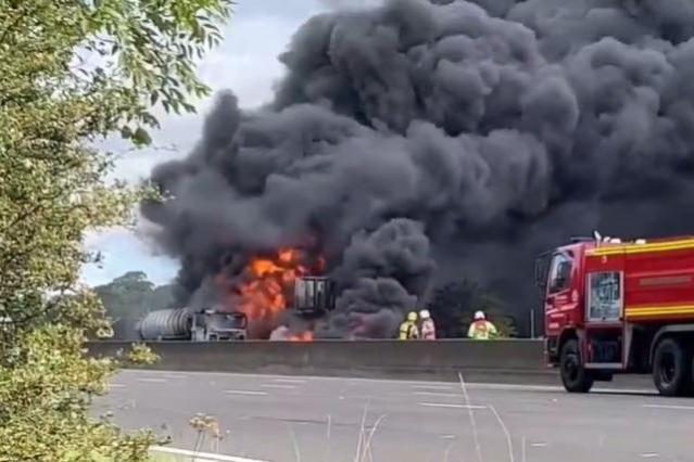 M1 traffic Chesterfield Oil tanker fire near Sheffield sends up