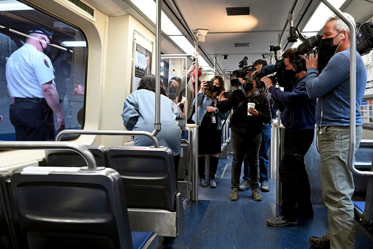 SEPTA Transit Police Chief Thomas Nestel III, seen through window at left, stands by following a news conference on an El platform at the 69th Street Transportation Center, Monday, Oct. 18, 2021, in Philadelphia, following a brutal rape on the El over the weekend.