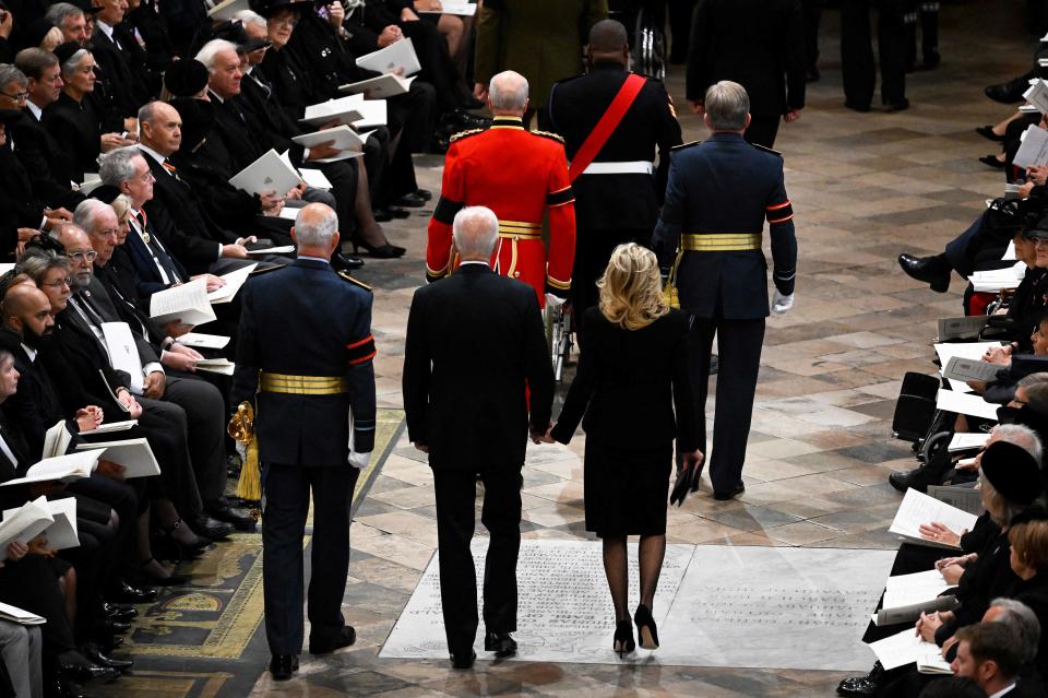 <p>United States President Joe Biden and First Lady Jill Biden arrive at Westminster Abbey in London on Sept. 19, 2022 for the State Funeral Service for the late Queen Elizabeth II. Leaders from around the world will attend the state funeral of Queen Elizabeth II. The country's longest-serving monarch, who died aged 96 after 70 years on the throne, will be honoured with a state funeral on Monday morning at Westminster Abbey. (Photo by Gareth Cattermole/Pool/AFP via Getty Images)</p> 