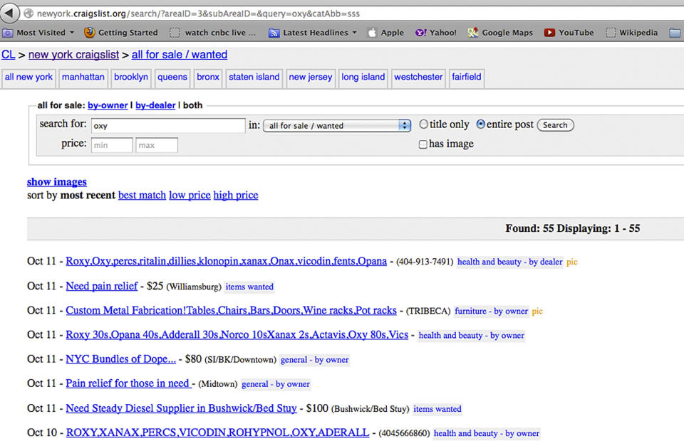 This photo of a computer screen shows a list of Craigslist ads, including several for drugs, in New York, Thursday, Oct. 11, 2012. The New York Police Department has arrested people to make an example out of some of the smallest of small-time drug dealers: students, young professionals and others who clean out the medicine cabinet and then are brazen enough — and foolish enough — to offer the pills for up to $20 a pop over the Internet, in ads such as this one. (AP Photo/Richard Drew)