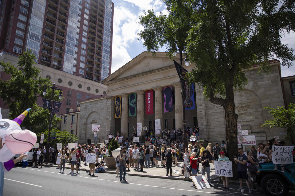 Hundreds of University of the Arts students and supporters protest outside of Hamilton Hall in Philadelphia on Monday, June 3, 2024. The University of the Arts announced abruptly on May 31 that it would be closing. (Monica Herndon/The Philadelphia Inquirer via AP)