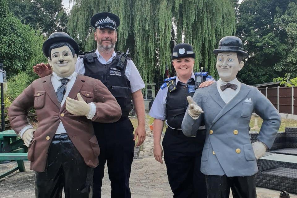Sergeant Richard Ruane And Pcso Natalie Parrott With The Laurel And Hardy Statues (Lesley Haylett/Pa (Pa)