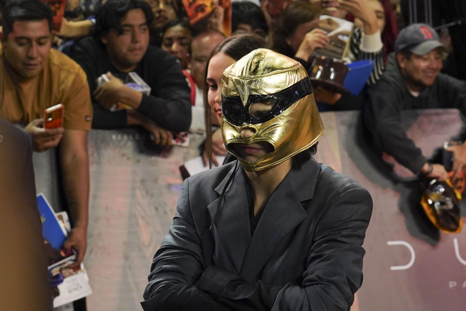 El actor Timothee Chalamet luce una máscara de luchador en la alfombra roja de la película "Dune: Part Two", en la Ciudad de México el martes 6 de febrero de 2024. (Foto AP/Marco Ugarte)