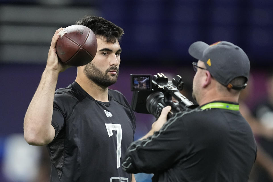 North Carolina quarterback Sam Howell is filmed during the NFL football scouting combine, Thursday, March 3, 2022, in Indianapolis. (AP Photo/Darron Cummings)