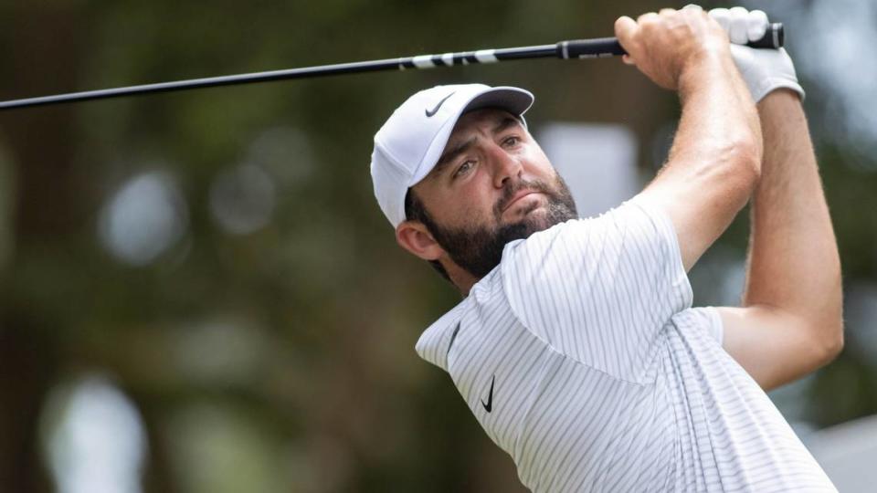 Scottie Scheffler watches his tee shot down the fairway of the 16th hole during the first round of the RBC Heritage Presented by Boeing at Harbour Town Golf Links on Thursday, April 18, 2024 in Sea Pines on Hilton Head Island.