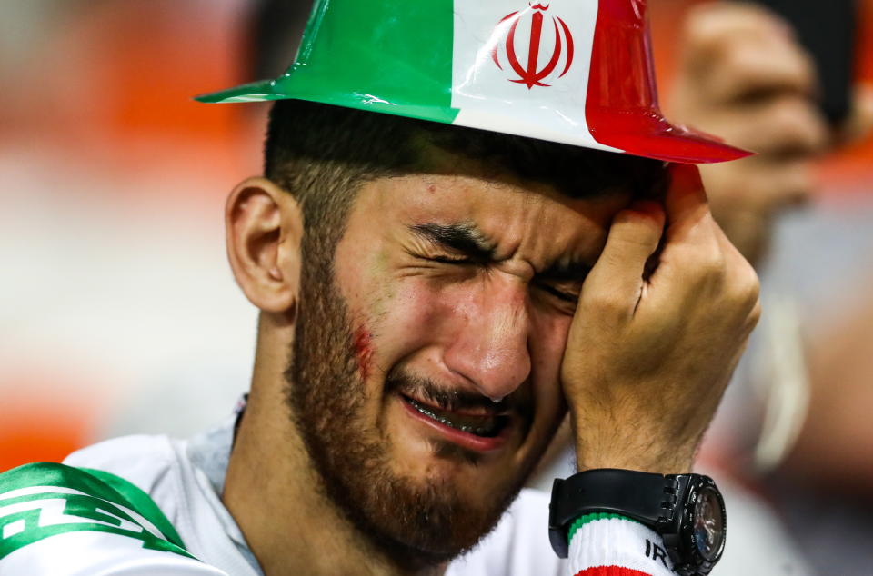 <p>Iran’s supporter reacts after their 2018 FIFA World Cup Group B football match against Portugal at Mordovia Arena Stadium. The game ended in a 1:1 draw. Stanislav Krasilnikov/TASS (Photo by Stanislav Krasilnikov\TASS via Getty Images) </p>