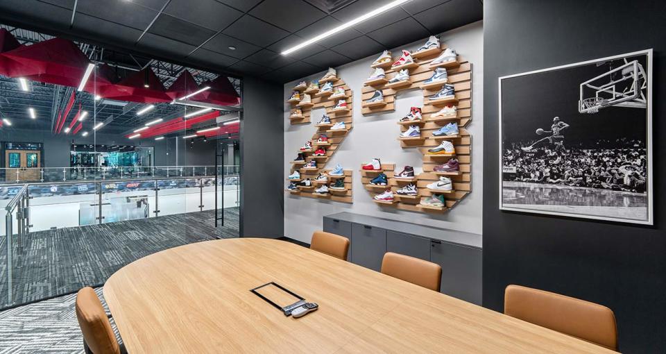 An array of 45 Air Jordan sneakers in a conference room at Airspeed headquarters