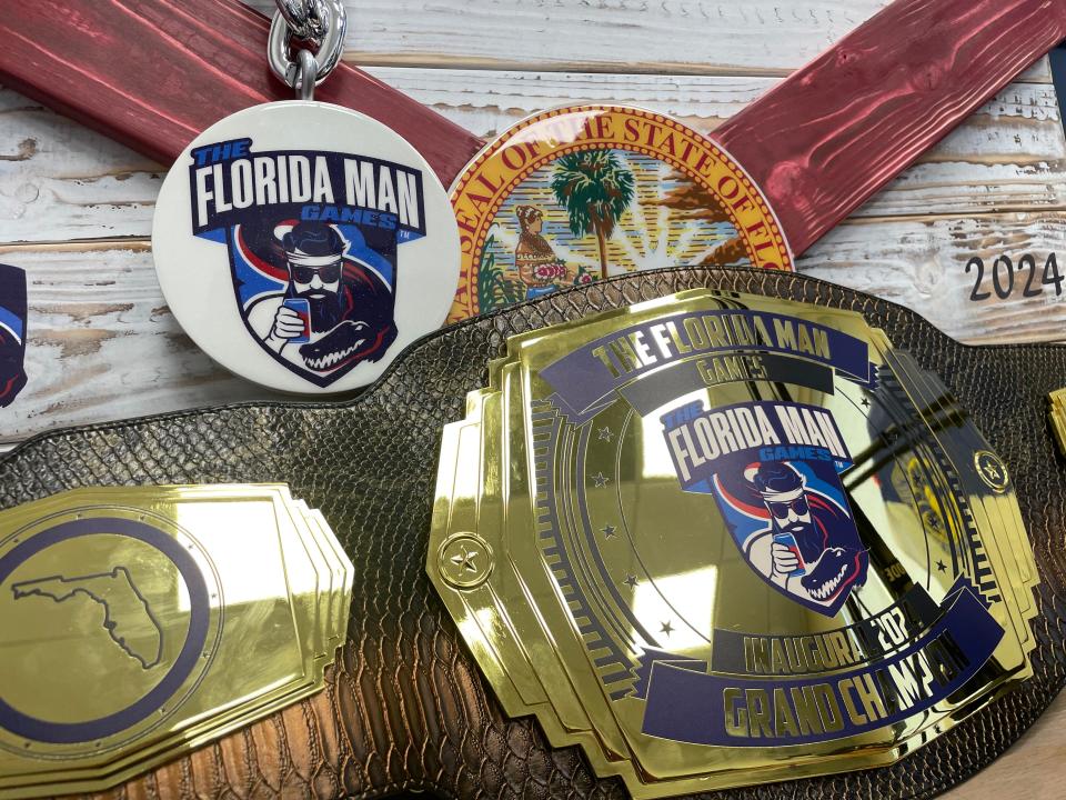 The trophies for the winners of the 2024 Florida Man Games.