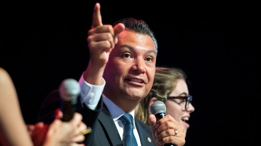 LOS ANGELES, CA - SEPTEMBER 28, 2018: CA Secretary of State Alex Padilla speaks at the Girls Build Leadership Summit for teenage girls at USC with Delaney Tarr, right, from Marjory Stoneman Douglas High School in Parkland, Florida. (Michael Owen Baker / For The Times)