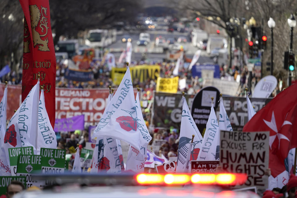 Anti-abortion demonstrators march toward the U.S. Supreme Court during the March for Life, Friday, Jan. 20, 2023, in Washington. (AP Photo/Alex Brandon)