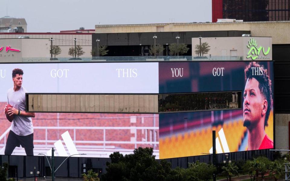 A new advertising campaign launched by Adidas features Kansas City Chiefs quarterback Patrick Mahomes, here displayed near the Resort World hotel, on Monday, Feb. 5, 2024, in Las Vegas.