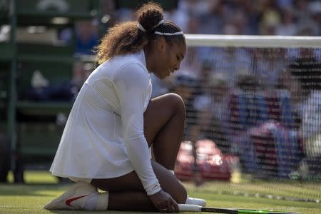 Jul 14, 2018; London, United Kingdom; Serena Williams (USA) reacts during her match against Angelique Kerber (GER) on day 12 at All England Lawn and Croquet Club. Mandatory Credit: Susan Mullane-USA TODAY Sports