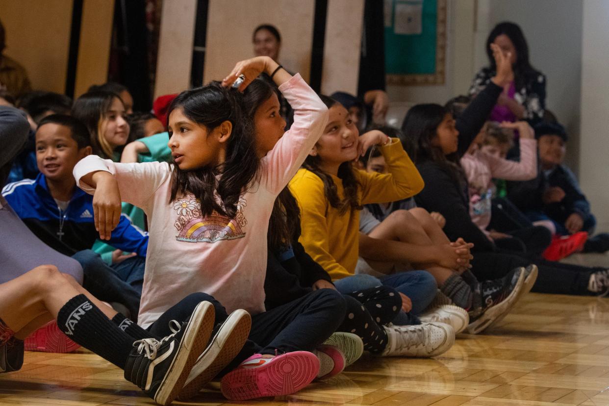 Third grader Arianna Carmona practices a pantomime gesture during an appearance by the Ventura County Ballet at Montalvo Elementary School Tuesday. Ventura County's public schools saw an overall decline in enrollment for the academic year, new state numbers show.