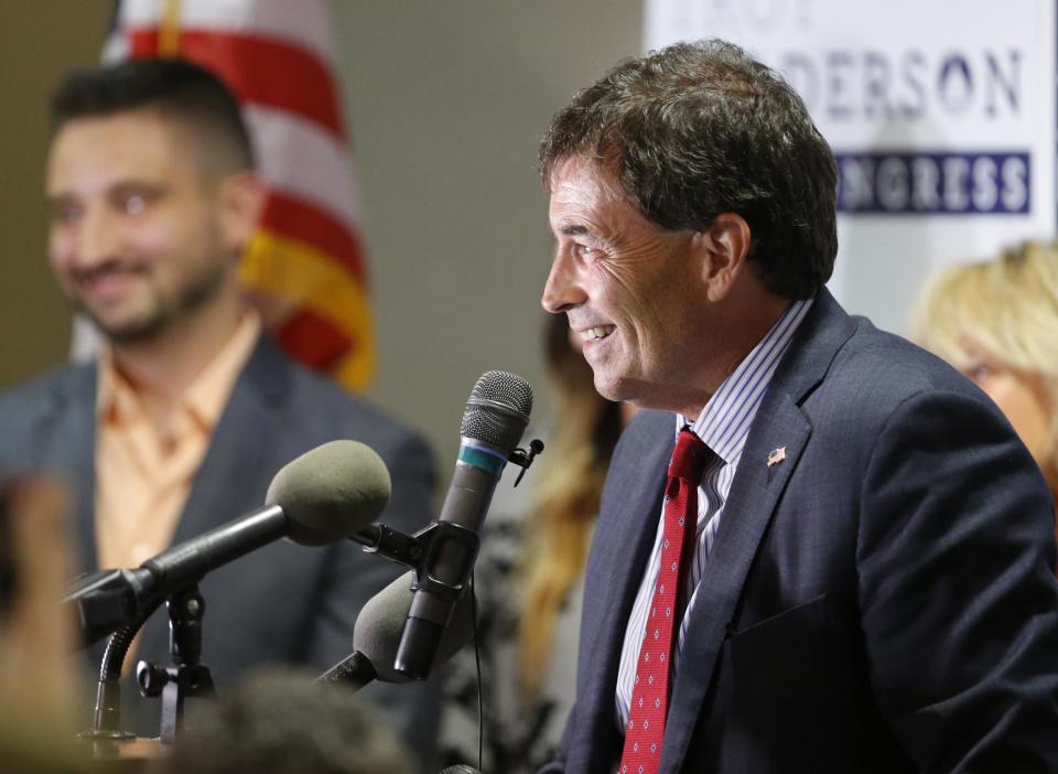 Troy Balderson speaks to a crowd of supporters during an election night party: AP