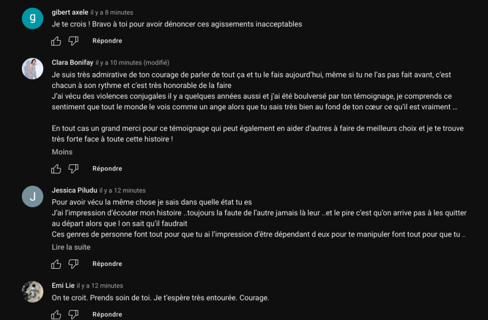 Sous les trois vidéos de l’influenceuse, des milliers de messages évoquent des expériences similaires à propos de relations toxiques et parfois violentes.