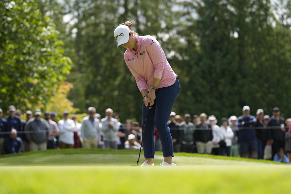 Ally Ewing putts on the third hole during the final round of the Women's PGA Championship golf tournament at Sahalee Country Club, Sunday, June 23, 2024, in Sammamish, Wash. (AP Photo/Gerald Herbert)