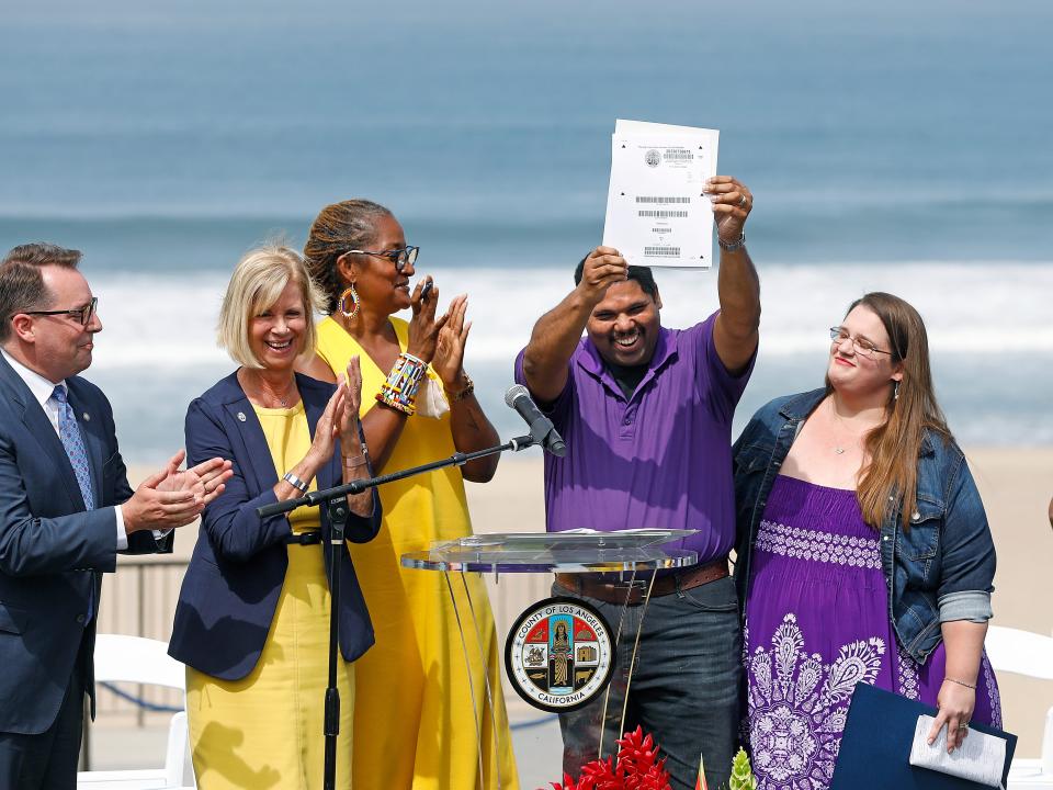 n a heartfelt ceremony on Wednesday in Manhattan Beach, state and county officials gathered at Bruce's Beach to present the property deed to the Bruce family.