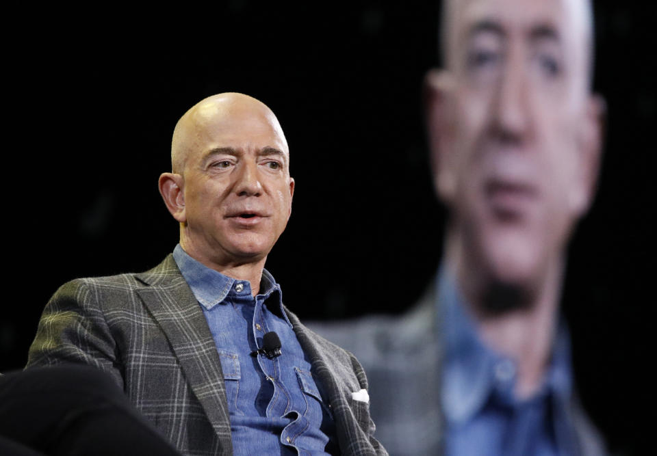FILE - In this June 6, 2019, file photo Amazon CEO Jeff Bezos speaks at the the Amazon re:MARS convention in Las Vegas. Two U.N. experts this week called for the U.S. to investigate a likely hack of Bezos' phone that could have involved Saudi Arabian Crown Prince Mohammed bin Salman. A commissioned forensic report found with “medium to high confidence” that Bezos' phone was compromised by a video MP4 file he received from the prince in May 2018. (AP Photo/John Locher, File)