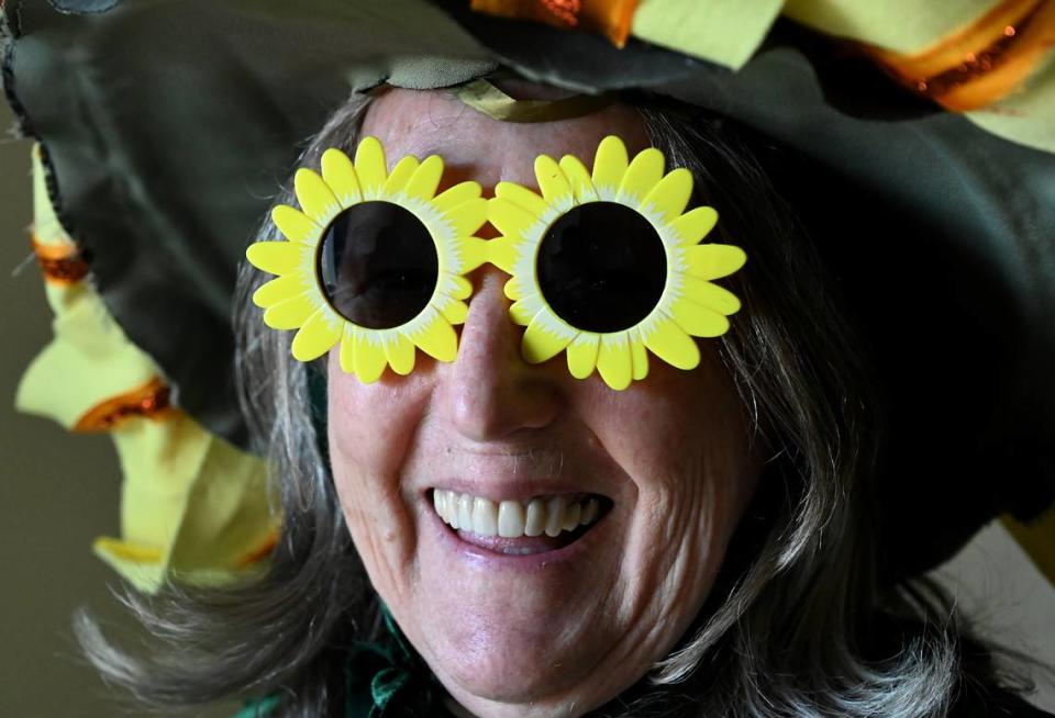 So bright on Sunday April 21 that she had to wear shades during their rehearsal Samba OlyWa costume chair and costume committee steer Carol Riley is eager for this weekend’s Arts Walk and Procession of the Species celebrations..