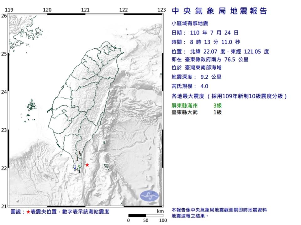 8時13分芮氏規模4.0地震，最大震度屏東縣3級、台東縣1級。   圖/中央氣象局