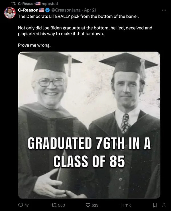 A rumor said Joe Biden finished 76th in a class of 85 at Syracuse University College of Law in 1968.