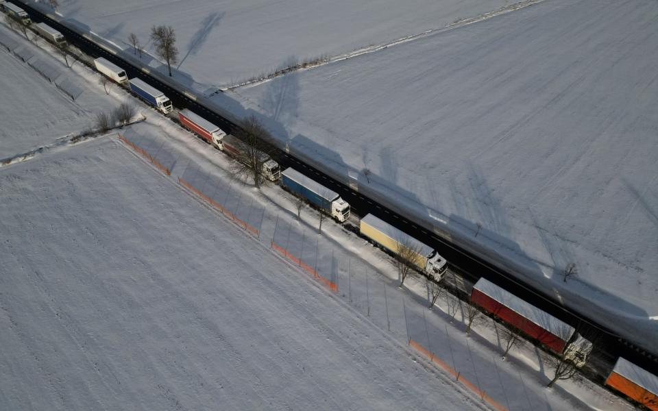 Lorries lined up at the Hrebenne-Rawa Ruska crossing in Poland